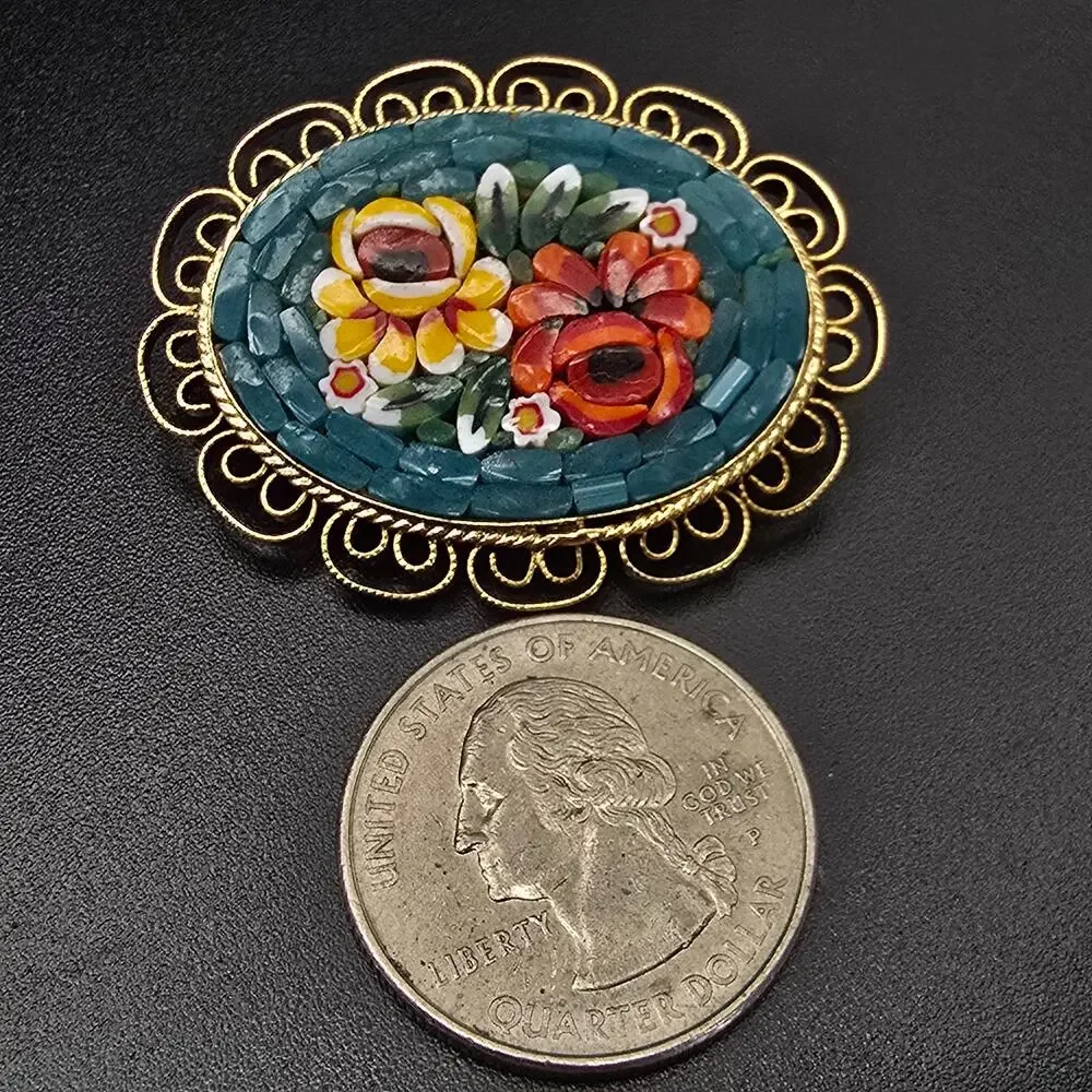 Italian Micro Mosaic Flower Brooch Blue Red Yellow Vintage Jewelry